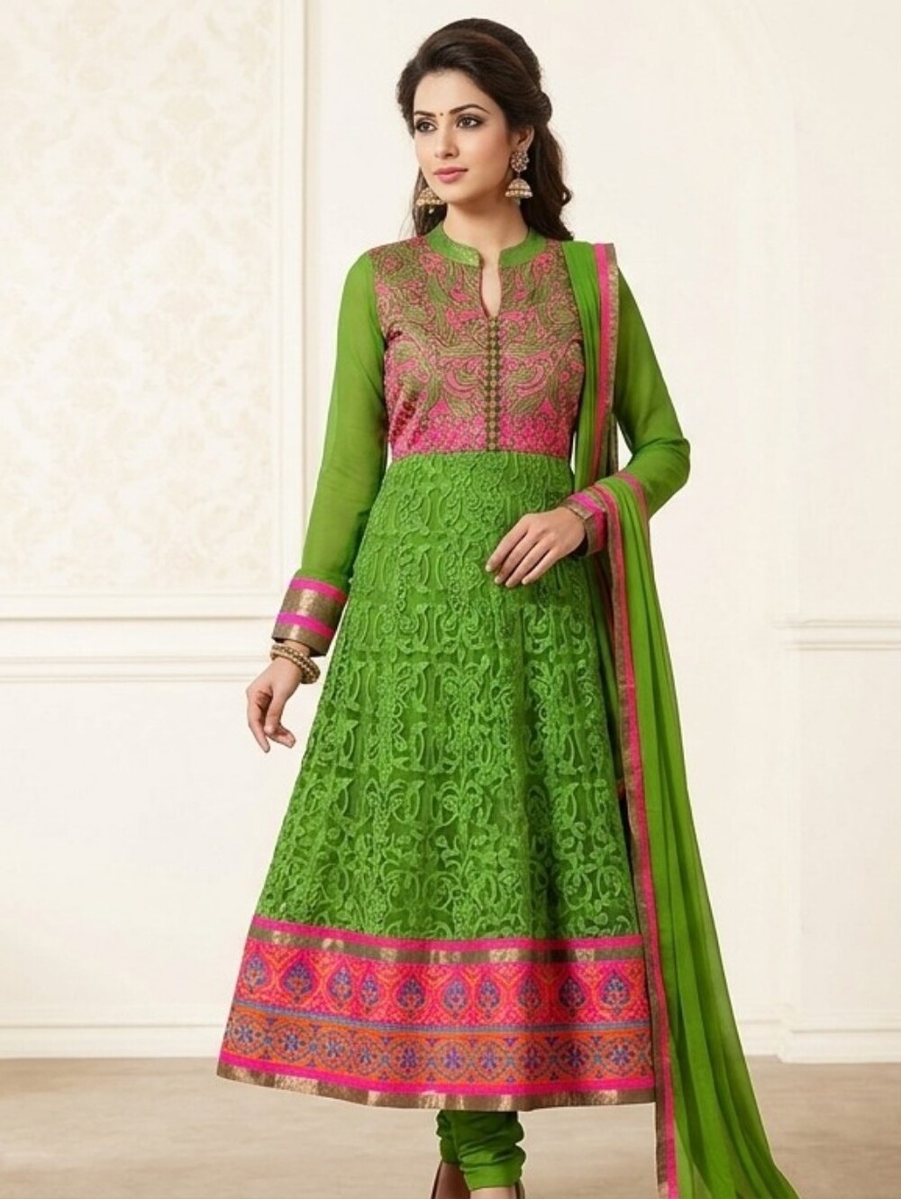 Green and Pink Embroidered Long Sleeve Anarkali Dress